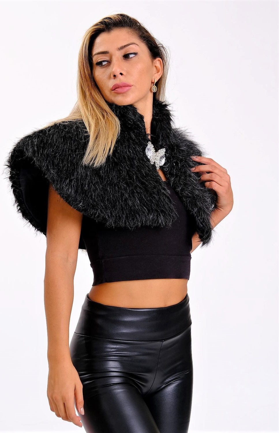 Keyifli Moda Kadın Siyah Broşlu Kürk Etol Bolero görsel 2