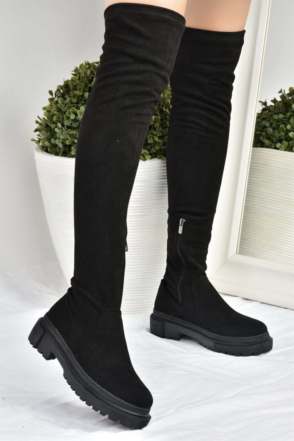 Fox Shoes Siyah Streç Dizüstü Esnek Süet Kadın Çizme L670125302 görsel 2