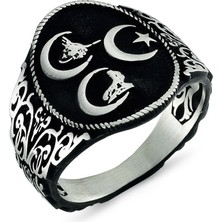 Takılingo Üç Hilal Bozkurt Motifli Taşsız Gümüş Erkek Yüzük