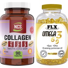 Ncs Collagen (Kollajen) 1000 Mg Tip 1 - 2 - 3 Glutatyon Vitamin C - E  90 Tablet & Flx Omega 3-6-9 Balık Yağı 90 Softgel