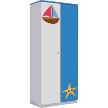 Woody Life Çocuk Odası Anaokulu Kreş Dolap 2 Kapaklı Uzun Deniz Temalı