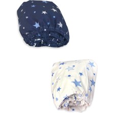 Bebek Özel   Pamuklu Bebek ve Çocuk Lastikli Çarşaf Lacivert ve Mavi Yıldızlı 50X90 (2 Adet)