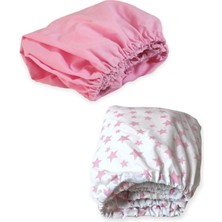 Bebek Özel   Pamuklu Bebek ve Çocuk Lastikli Çarşaf Pembe ve Pembe Yıldızlı 80X160 (2 Adet)