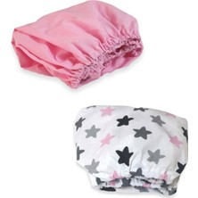 Bebek Özel   Pamuklu Bebek ve Çocuk Lastikli Çarşaf Pembe ve Pembe Gri Yıldızlı 70X160 (2 Adet)