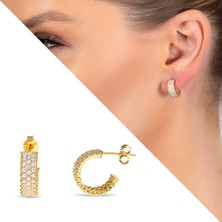 DAVİD BLACK Zirkon Taşlı Yarım Tur Gold Renk 925 Ayar Gümüş Kadın Küpe