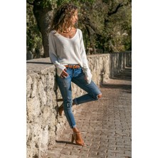 AQE FASHION Kadın V Yaka Geniş Kollu Ekru Kazak