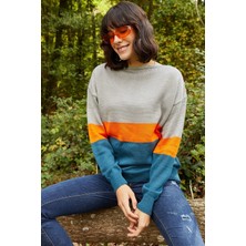 AQE FASHION Kadın Renk Bloklu Gri Kazak