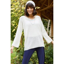 AQE FASHION Kadın Geniş Kollu V Yaka Ekru Kazak