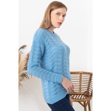 AQE FASHION Kadın Bebe Mavisi Mevsimlik Dalga Ajurlu Kazak