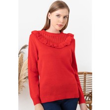 AQE FASHION Kadın Kırmızı Omuz Askı Detaylı Triko Kazak