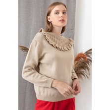 AQE FASHION Kadın Taş Rengi Omuz Askı Detaylı Triko Kazak