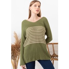 AQE FASHION Kadın Haki V Yaka Uzun Kolllu Çizgi Detaylı Kazak