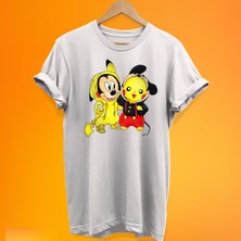 Remonz Pikachu Mickey Mouse Baskılı %100 Pamuk Oversize T-Shirt Büyük Beden Tişört