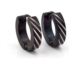 Solfera Çapraz Çizgi Desenli Siyah Halka Kadın Erkek Çelik Küpe