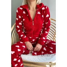 InstaPijama Kalp Desenli Kadın Polar Peluş Tulum Pijama