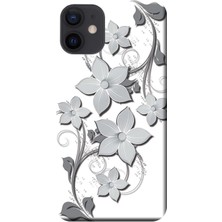 Hesaplı Dünya Apple iPhone 12 Mini Kılıf Sarmaşık Çiçek Gri ton Baskılı Esnek TPU Silikon