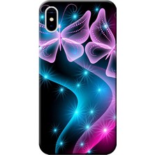 Hesaplı Dünya Apple iPhone XS Kılıf Neon Kelebek Yıldızlar Baskılı Esnek TPU Silikon