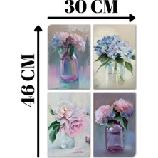 Nt Handmade 4'lü Ahşap Tablo Seti - Vazoda Çiçekler Salon Oturma Odası Yatak Odası Için Çerçeve Görünümlü Mdf Duvar Dekoru 46 x 30 cm