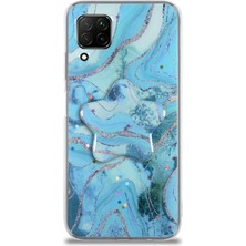 Caseworld Huawei P40 Lite Kapak Mermer Desenli Pop Socketli Silikon Kılıf - Mavi