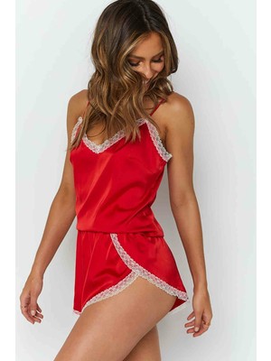 Merry See Dantel Işlemeli Saten Tulum Gecelik Pijama Kırmızı