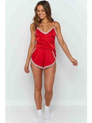Merry See Dantel Işlemeli Saten Tulum Gecelik Pijama Kırmızı