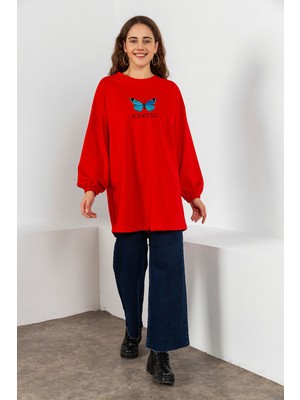 Kadın Modası Kadın Kırmızı Always Kelebek Baskılı Kolu ve Altı Lastikli Iki Iplik Tunik