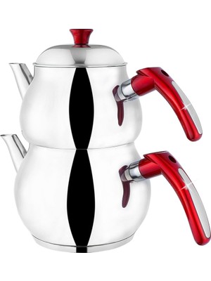 Hazar Pazar Çaydanlık Çelik Kırmızı Kulp Orta Boy 3,10 Litre Kendinden Süzgeçli Demlik Çift Kapak