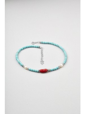 So CHIC Turkuaz ve Mercan Taşlı 18 Ayar Beyaz Altın Kaplama 25 Cm Gümüş Doğal Taşlı Halhal