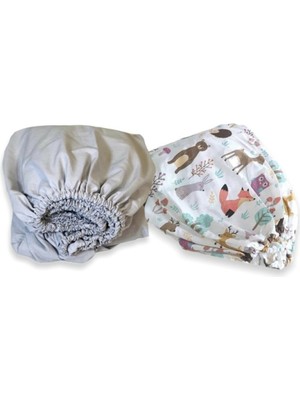 Bebek Özel   Pamuklu Bebek ve Çocuk Lastikli Çarşaf Gri ve Doğa 90X190 (2 Adet)