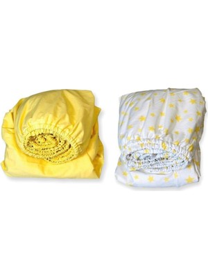 Bebek Özel   Pamuklu Bebek ve Çocuk Lastikli Çarşaf Sarı ve Sarı Yıldızlı 90X190 (2 Adet)