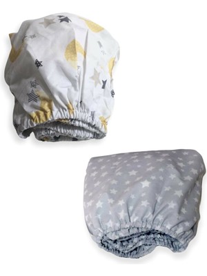 Bebek Özel   Pamuklu Bebek ve Çocuk Lastikli Çarşaf Sarı Ay ve Gri Zemin Yıldızlı 90X190 (2 Adet)