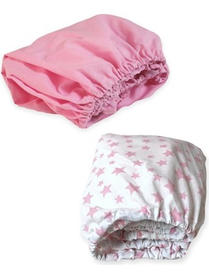 Bebek Özel   Pamuklu Bebek ve Çocuk Lastikli Çarşaf Pembe ve Pembe Yıldızlı 90X190 (2 Adet)