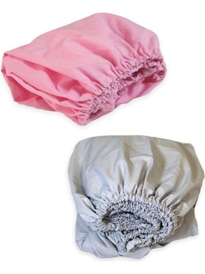 Bebek Özel   Pamuklu Bebek ve Çocuk Lastikli Çarşaf Pembe ve Gri 90X190 (2 Adet)