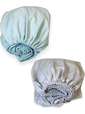 Bebek Özel   Pamuklu Bebek ve Çocuk Lastikli Çarşaf Mint Yeşili ve Gri 90X190 (2 Adet)