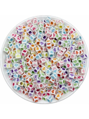 Hedef Bijuteri 25GR 6mm Küp Beyaz Zemin Üzeri Renkli Kalp Boncuk,takı Yapım Boncuğu (25 Gr, ~170 Adet)