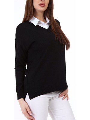 AQE FASHION Kadın Yandan Yırtmaç Detaylı V Yaka Siyah Triko Kazak