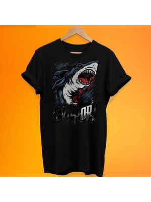 Remonz Köpekbalığı Baskılı %100 Pamuk Oversize T-Shirt Büyük Beden Tişört