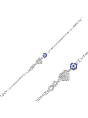 925 Gümüş Kalpli Sonsuzluk Nazar 925 Ayar Gümüş Bileklik