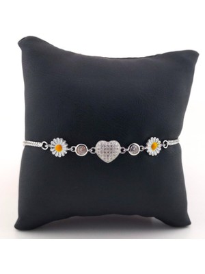 925 Gümüş Kalp ve Papatya 925 Ayar Gümüş Bileklik