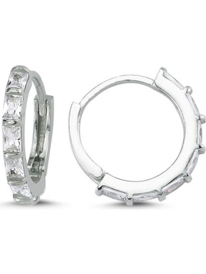 925 Gümüş Sıra Taşlı Halka 925 Ayar Gümüş Küpe