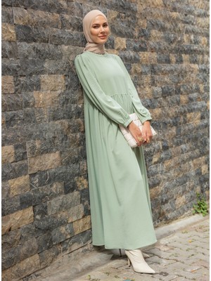 Refka Yakası Inci Detaylı Elbise - Mint Yeşili - Refka Woman