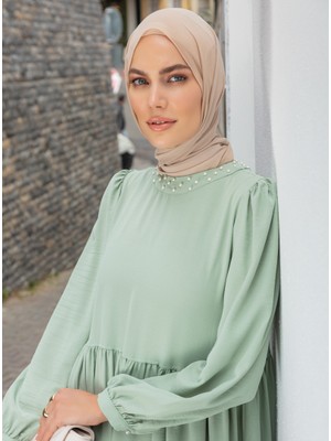 Refka Yakası Inci Detaylı Elbise - Mint Yeşili - Refka Woman