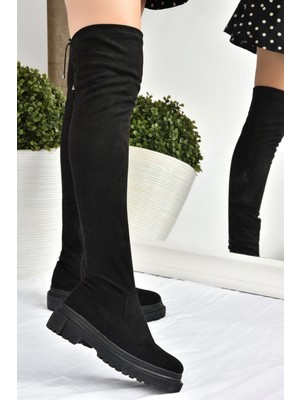 Fox Shoes Kadın Siyah Süet Dizüstü Esnek Çizme 4 cm Topuk Yüksekliği ile Şık ve Rahat