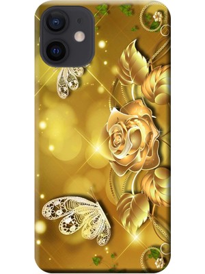 Hesaplı Dünya Apple iPhone 12 Mini Kılıf Gül ve Kelebek Baskılı Esnek TPU Silikon