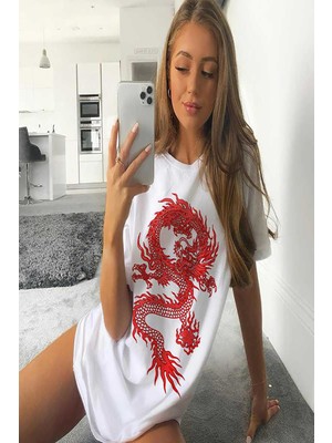 Oksit Hattie Musk Dragons Baskılı Kadın Oversize Tshirt