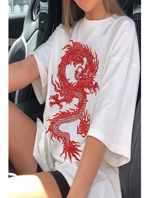 Oksit Hattie Musk Dragons Baskılı Kadın Oversize Tshirt