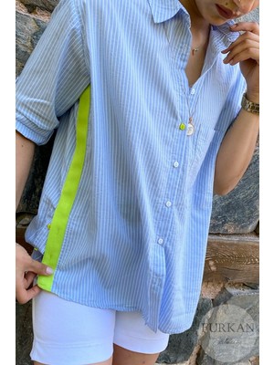 Furkan Exclusive Kadın Mavi Yanı Düğme ve Neon Şerit Detaylı Tek Cep Oversize Salaş Kalıp Ince Pamuk Gömlek