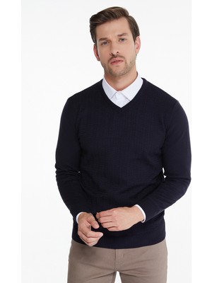 Hatemoğlu Erkek Lacivert Desenli V Yaka Triko Kazak