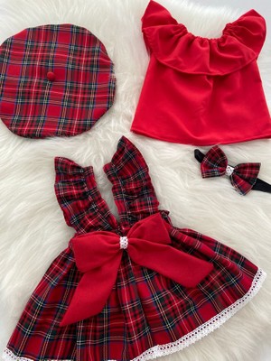 Moda Lina Kız Bebek Dantelli Kırmızı Salopet Bluz Şapka & Bandana Set