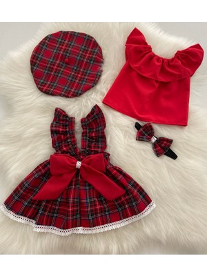 Moda Lina Kız Bebek Dantelli Kırmızı Salopet Bluz Şapka & Bandana Set